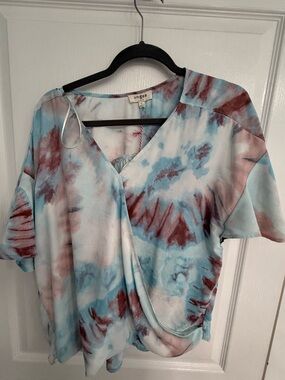 Umgee Blue & Burgundy Tie-Dye Draped V-Neck Blouse